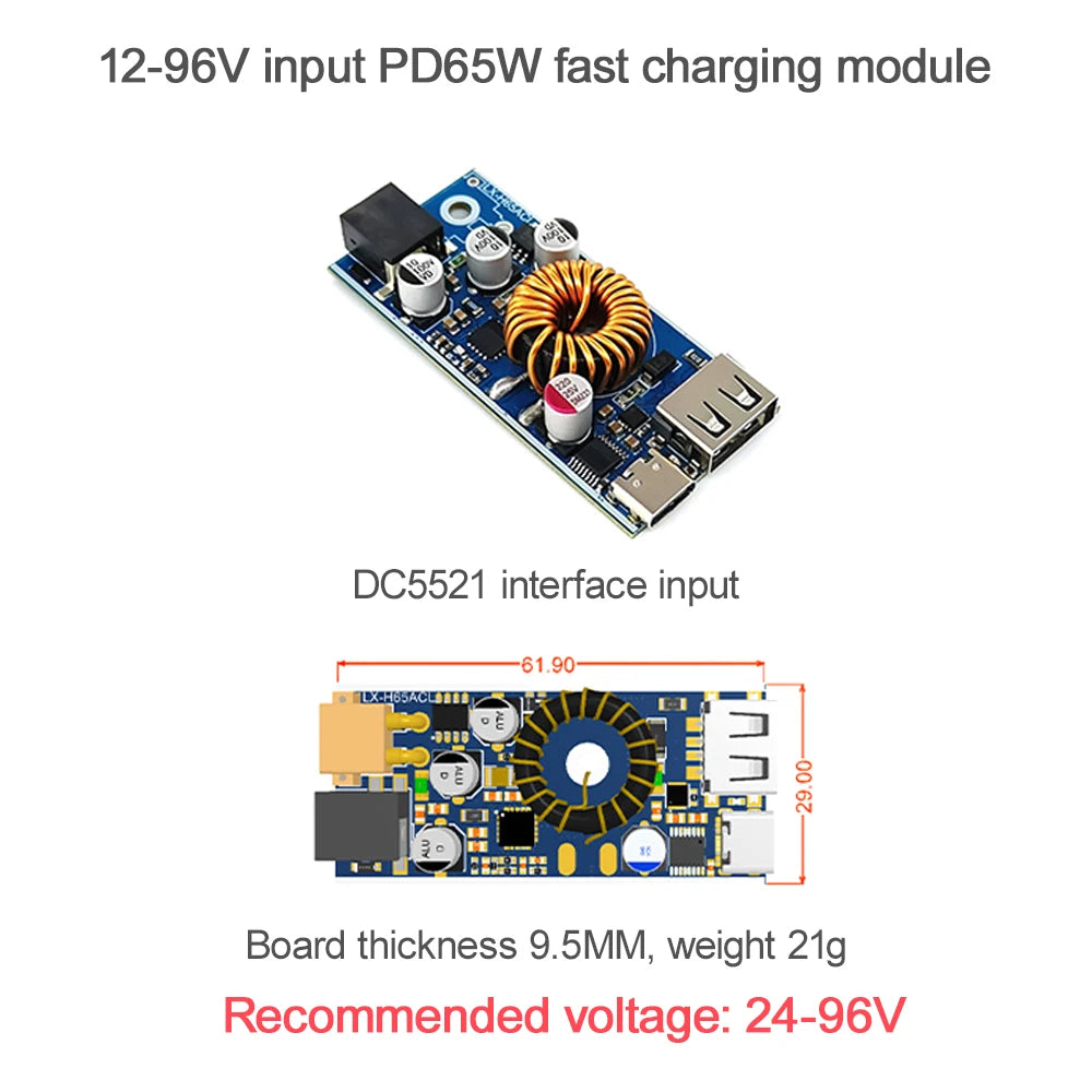 Módulo Adaptador Carga Rápida Doble USB (USB-A QC3.0 + USB-C PD) 65W DC 12V-96V Step-Down Apple/Huawei SCP/FCP