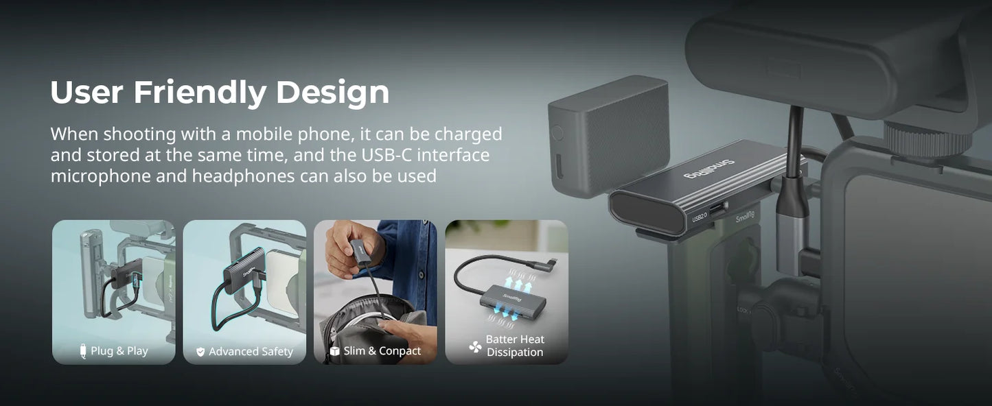 Hub USB-C 4-en-1 SmallRig PD 100W USB-C 3.1 + USB-C 2.0 + Adaptador Audio para Grabación Video Profesional Celular (4598)