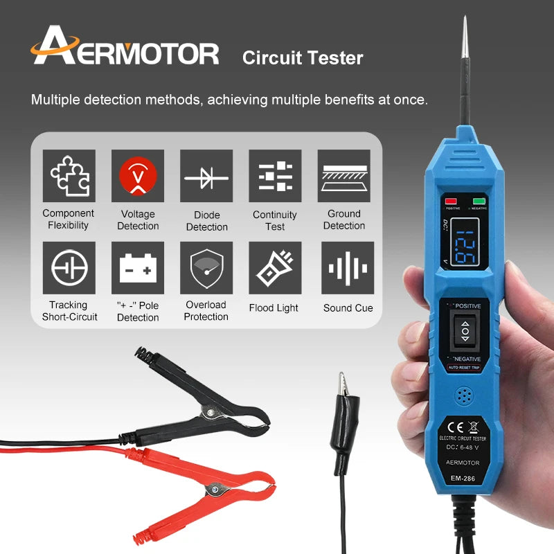 Tester Circuito Eléctrico Aermotor (6V-48V DC) con Display LED y Luz - Herramienta Diagnóstico Sistema Eléctrico Auto