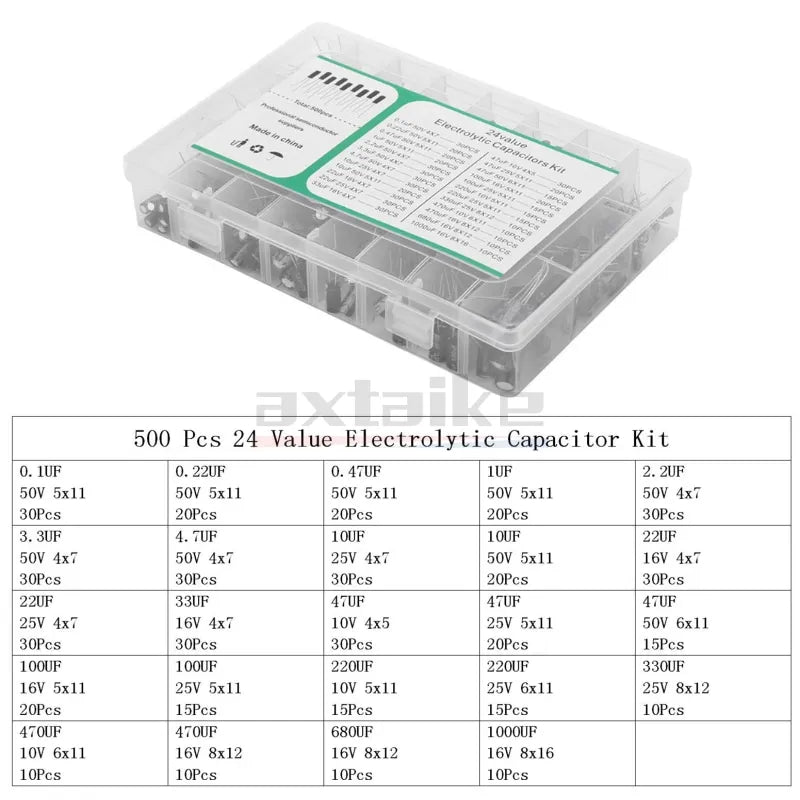 Kit Surtido Capacitor Electrolítico Aluminio (0.1uF-1000uF, 16V/25V/50V) con Caja - Pack 120/200/500 Piezas