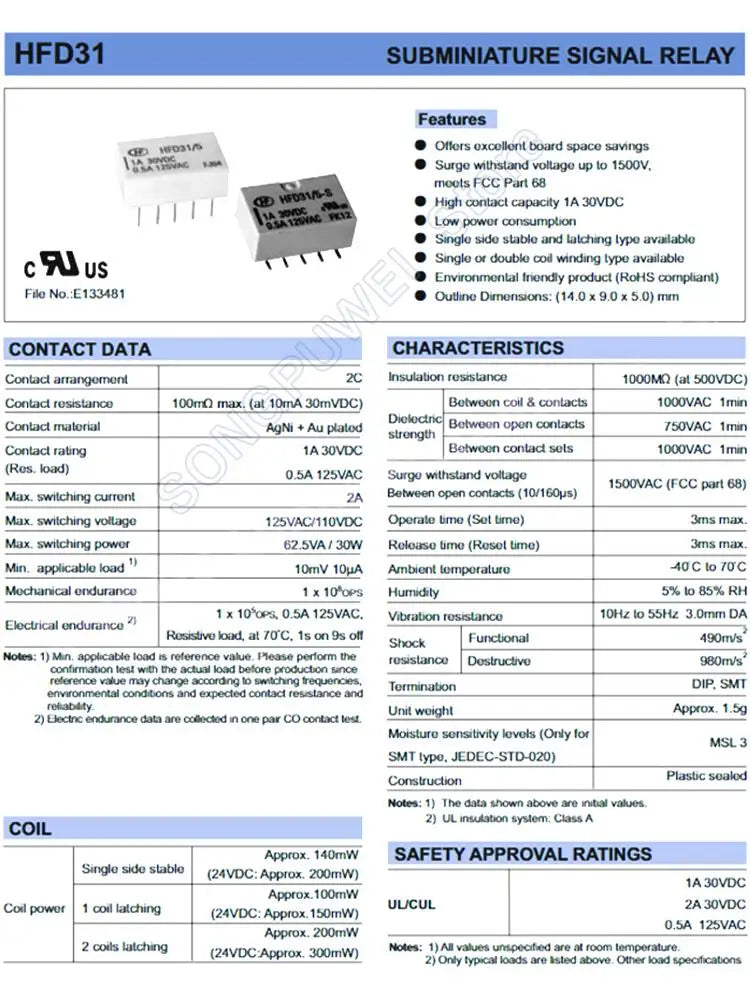 Relé Señal HFD31 SMD/DIP 10-Pin 0.5A 125VAC - Voltajes (5V/12V/24V DC) - Lote 10 Piezas