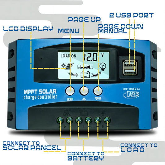 Controlador Carga Solar MPPT 30A-100A 12V/24V Dual USB LCD Regulador con Carga Panel Batería
