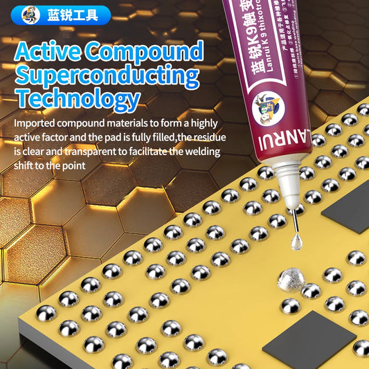 Pasta Tixotrópica Desulfurización LANRUI K9 (15ml) para Soldadura/Desoldadura Huella Digital/Conector Batería/Puerto Carga