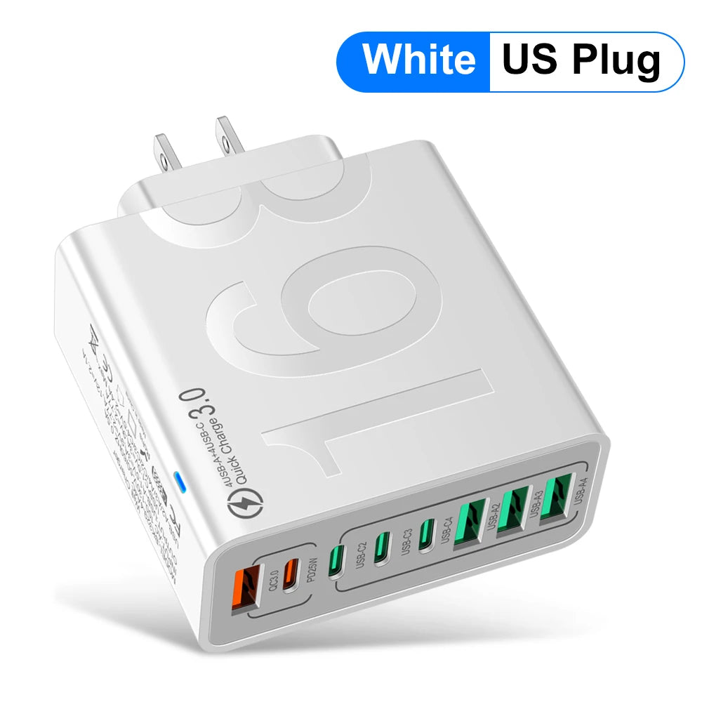 Cargador Pared USB Tipo C Múltiple 8 Puertos Alta Velocidad Carga Rápida PD para iPhone 15/Xiaomi/Huawei