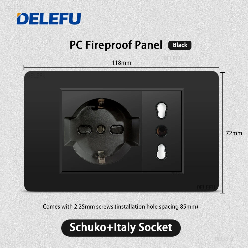 Enchufe Pared Delefu Italia/Chile PC Negro USB-C Carga Rápida + Schuko + Switch Smart Tuya WiFi + SAT/TV/TEL/Timbre