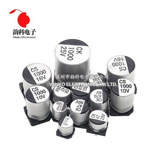 Capacitor Electrolítico Aluminio SMD (1uF-1000uF, 6.3V-50V) - Pack 10 Unidades (Valores Surtidos)