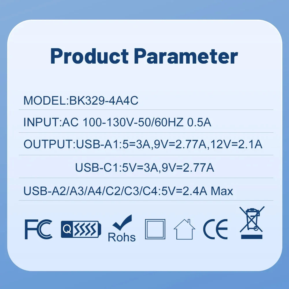 Cargador Pared USB Tipo C Múltiple 8 Puertos Alta Velocidad Carga Rápida PD para iPhone 15/Xiaomi/Huawei