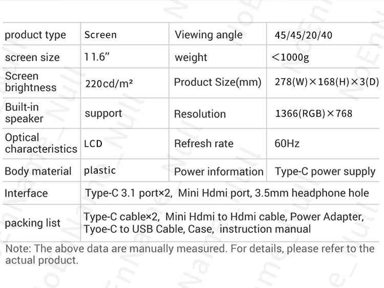 Monitor Portátil 11.6" (1366x768) LCD TFT - Pantalla Gaming para PC/Raspberry Pi/Laptop/PS4/Xbox/Switch (HDMI)