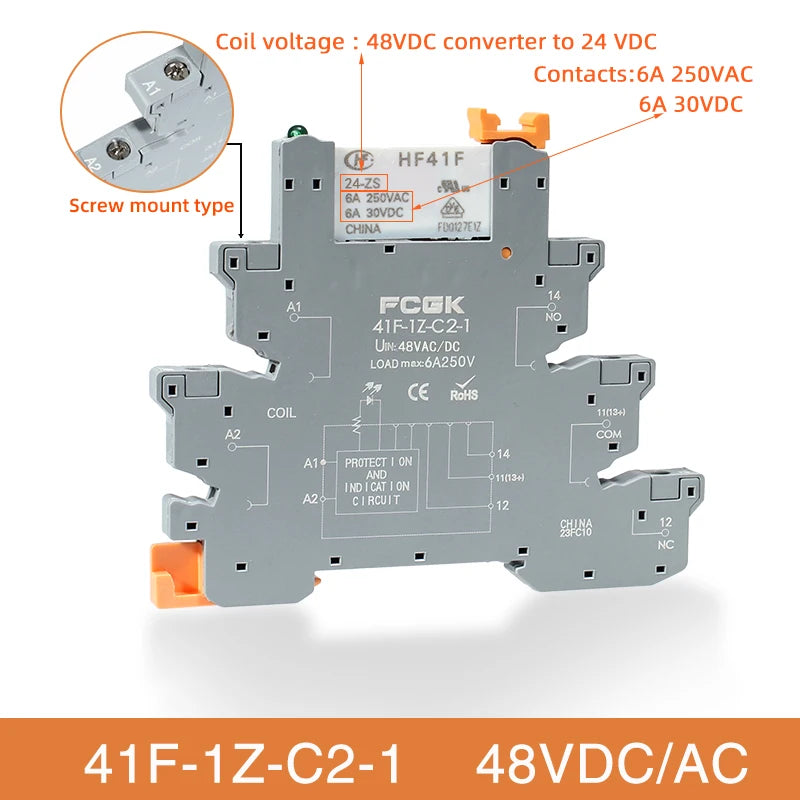 Módulo Relé Delgado DIN Rail 41F-1Z-C4-1 PCB con Socket Holder 12V/24V AC/DC / 220V AC 6.2mm