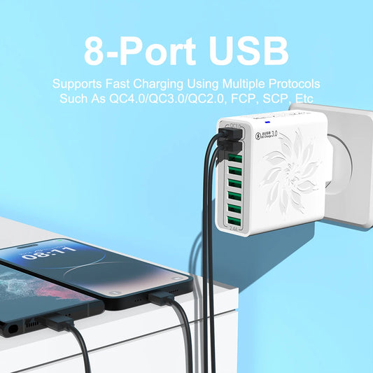 Cargador Rápido USB 8 Puertos QC5.0 120W Adaptador Corriente Enchufe EU/US/KR para iPhone 13/14/15/Xiaomi/Samsung