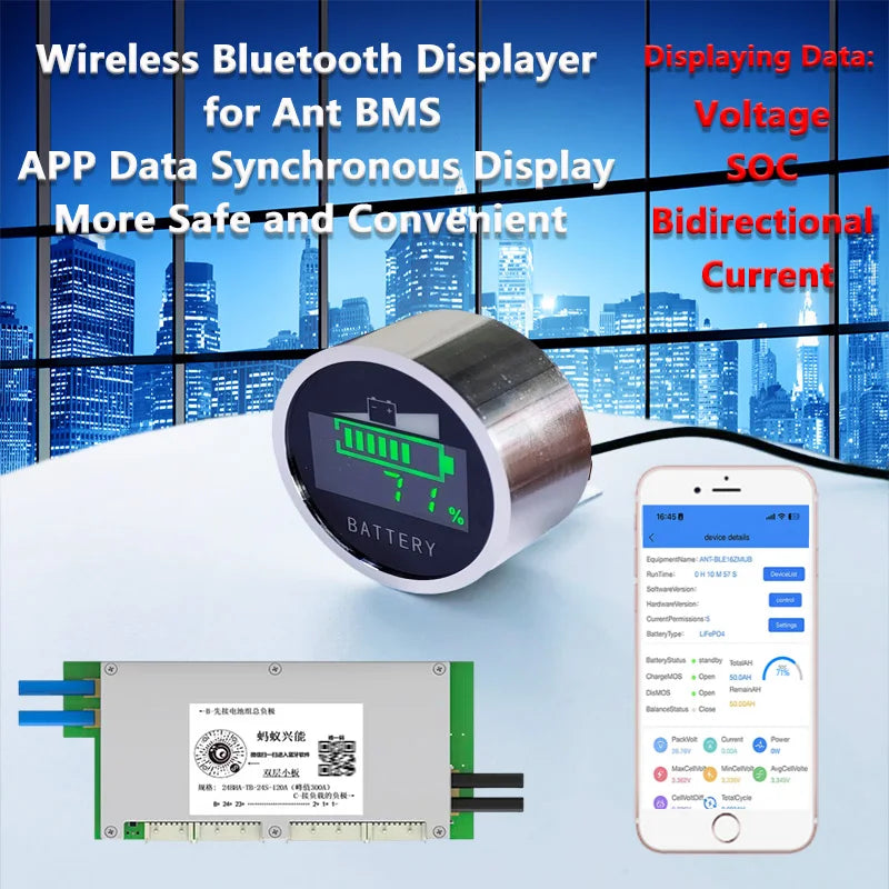 Display Lector BMS Inalámbrico Bluetooth ANT - Pantalla Indicadora Voltaje/Capacidad Batería Litio