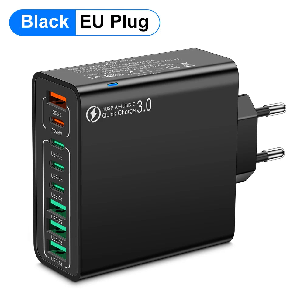 Cargador Pared USB 8 Puertos (Total 65W) Carga Rápida (PD Tipo C, QC 3.0) Adaptador para iPhone 14/15 Pro Max/Xiaomi/Samsung