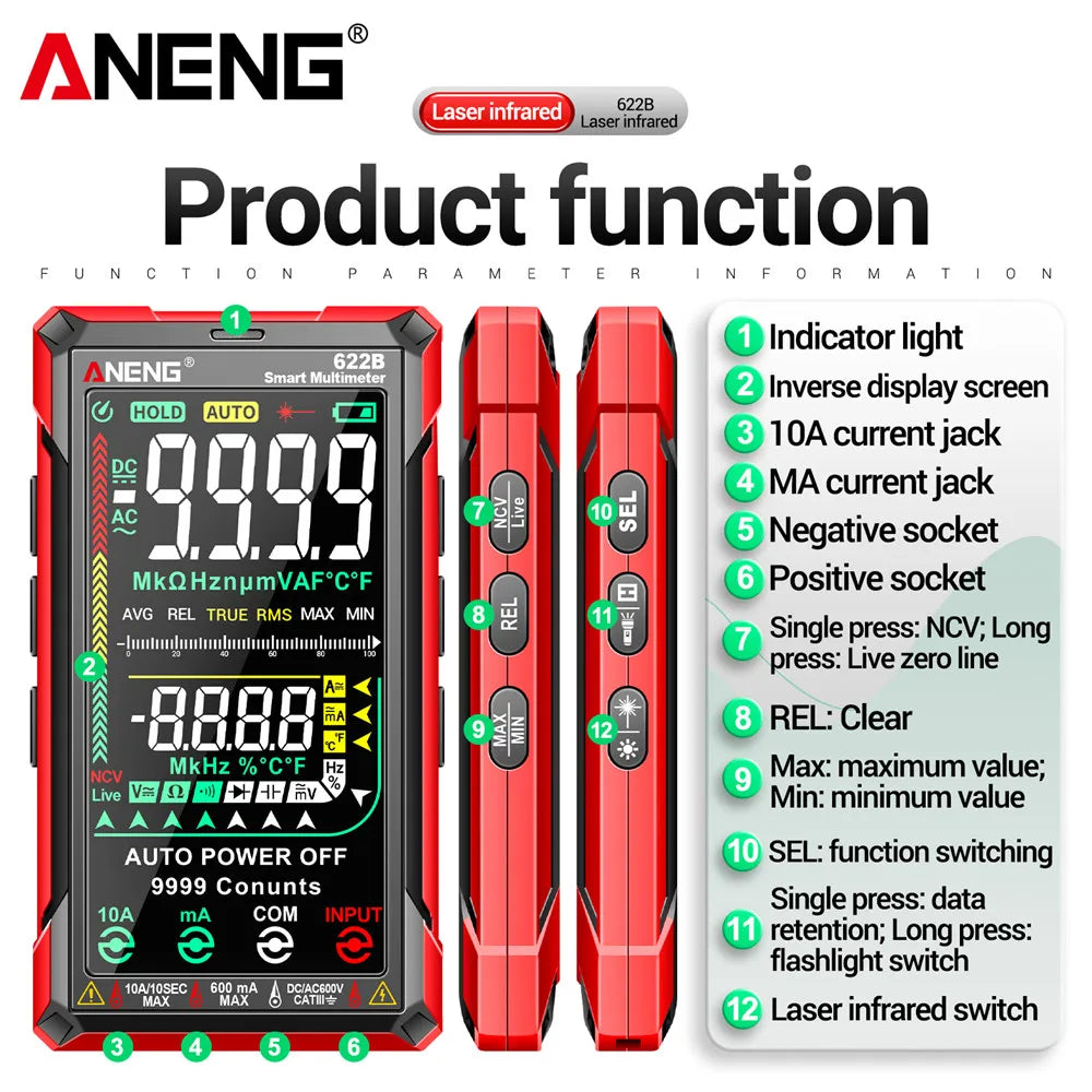 Multímetro Digital Inteligente ANENG 622B/622A True RMS 9999 Cuentas Lámpara Láser Autorango DC/AC Tester Analógico