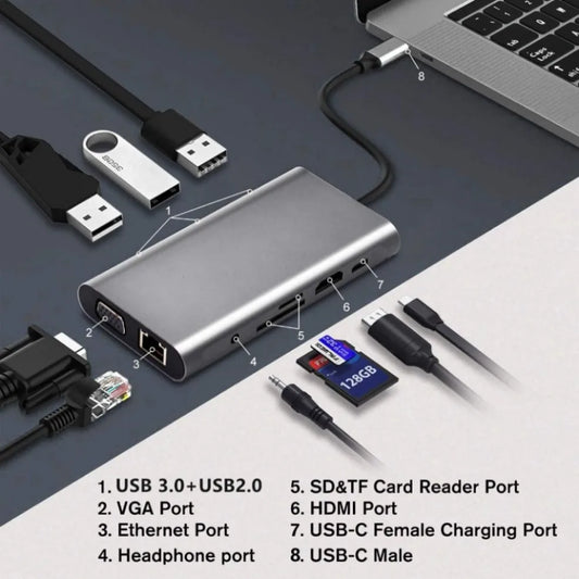Hub USB-C Docking Station 11-en-1 Tipo-C a HDMI 4K, VGA, RJ45, PD 100W, USB para PC Accesorios Computador