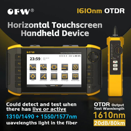 Mini OTDR OFW 2024 (Fibra Activa 1610nm, 20dB) - Reflectómetro Óptico Táctil (iOLA, OPM, VFL, Mapa Eventos)