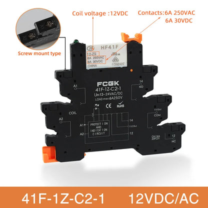 Módulo Relé Delgado DIN Rail 41F-1Z-C4-1 PCB con Socket Holder 12V/24V AC/DC / 220V AC 6.2mm