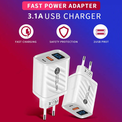 Cargador Pared USB-C PD 20W + USB QC3.0 con Pantalla Digital para iPhone 14/Samsung/Xiaomi/Huawei