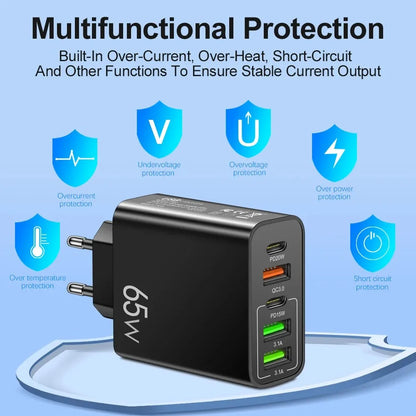 Cargador Pared USB C PD 20W + 4 Puertos USB (Total 65W) Carga Rápida QC 3.0 Adaptador para iPhone 15 Pro/Samsung/Xiaomi
