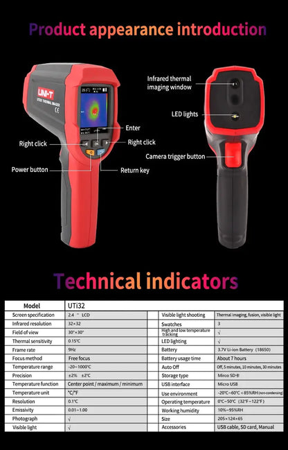 Cámara Termográfica Portátil UNI-T UTi32 Alta Temperatura (-20~1000°C) - Medición Bomberos/Construcción