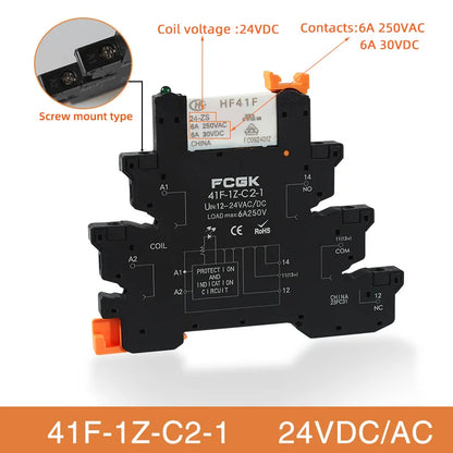 Módulo Relé Delgado DIN Rail 41F-1Z-C4-1 PCB con Socket Holder 12V/24V AC/DC / 220V AC 6.2mm