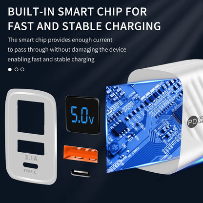 Cargador Pared USB-C PD 20W + USB QC3.0 con Pantalla Digital para iPhone 14/Samsung/Xiaomi/Huawei