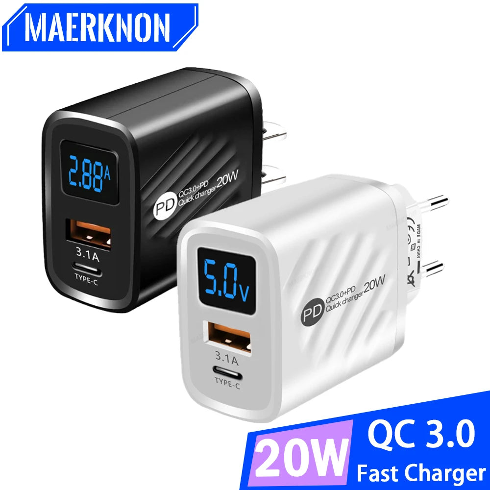 Cargador Pared USB-C PD 20W + USB QC3.0 con Pantalla Digital para iPhone 14/Samsung/Xiaomi/Huawei