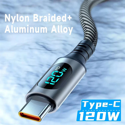 Cable USB-A a Tipo C Nylon Carga Rápida 120W 6A con Pantalla LED Digital y Datos para Xiaomi/POCO/Samsung