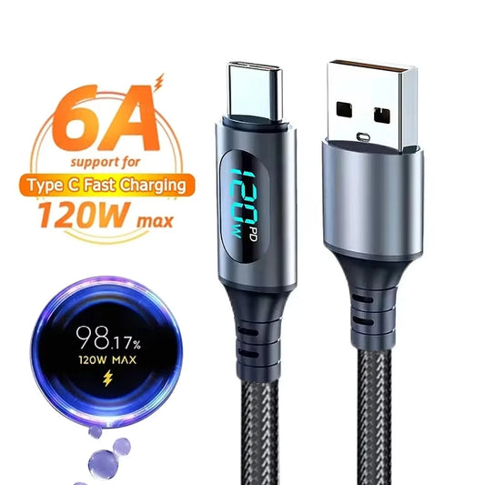 Cable USB-A a Tipo C Nylon Carga Rápida 120W 6A con Pantalla LED Digital y Datos para Xiaomi/POCO/Samsung