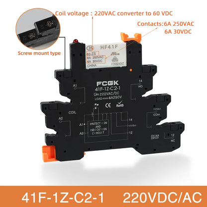 Módulo Relé Delgado DIN Rail 41F-1Z-C4-1 PCB con Socket Holder 12V/24V AC/DC / 220V AC 6.2mm