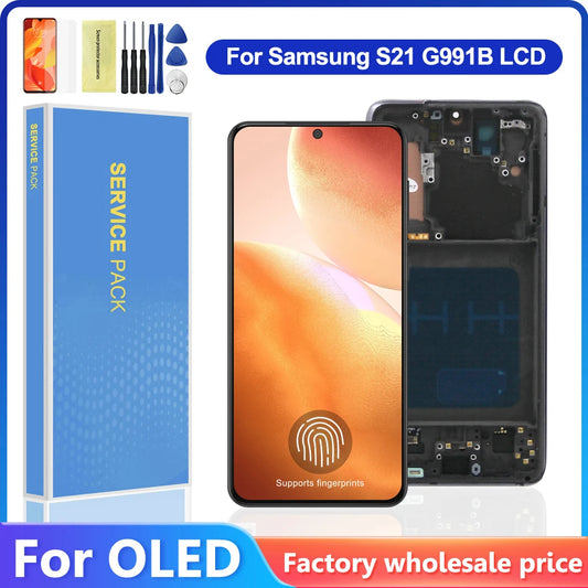 Pantalla LCD AMOLED con marco para móvil, montaje de digitalizador con pantalla táctil para Samsung S21, SM-G991N, G991B/DS