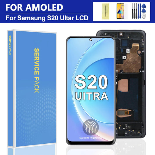 Para Samsung S20 Ultra G988B AMOLED marco de pantalla LCD reemplazo del digitalizador de pantalla táctil con soporte de huellas dactilares para S20 Ultra