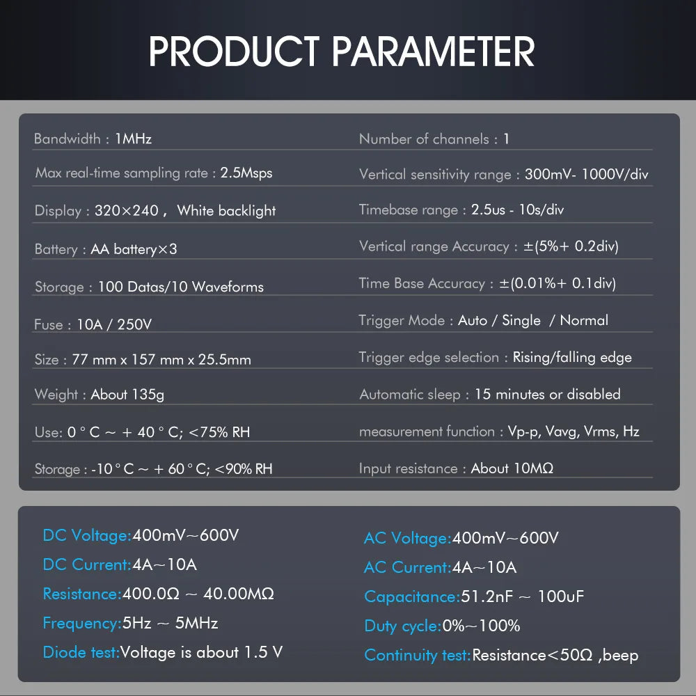Osciloscopio y Multímetro Digital 2 en 1 Tooltop ET2010A (1MHz, 2.5MSps) Portátil