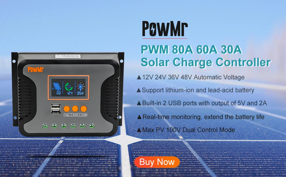 Controlador Cargador Solar MPPT PowMr 25A/35A/45A 12V/24V Auto Regulador Panel Batería LiFePO4 Max PV 100VDC