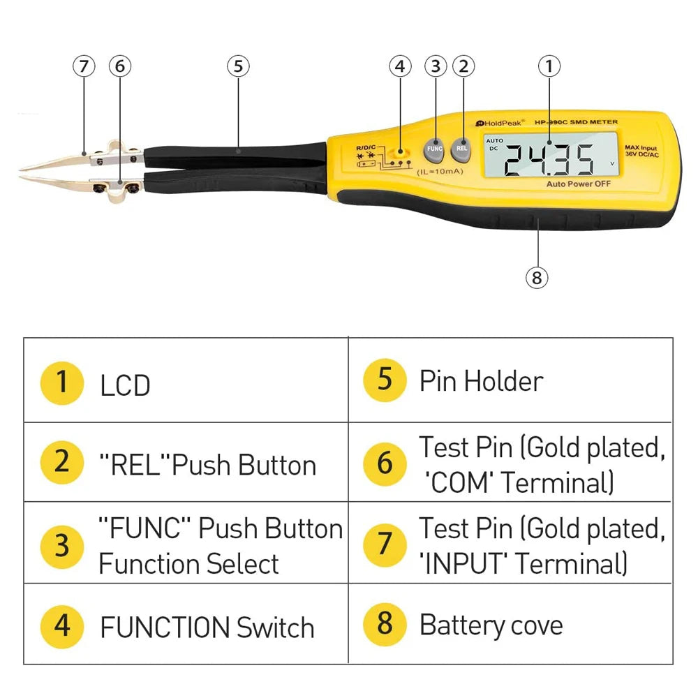 Medidor Capacitancia Digital BT-990C - Tester SMD Diodo/Resistencia (Tipo Pinza) + Puntas Repuesto