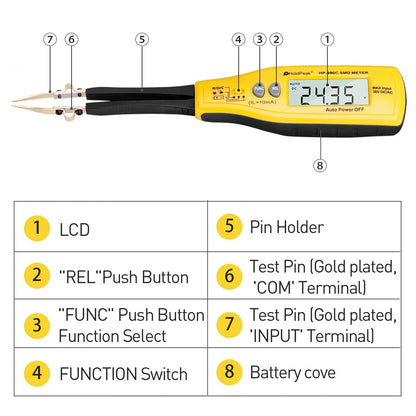 Medidor Capacitancia Digital BT-990C - Tester SMD Diodo/Resistencia (Tipo Pinza) + Puntas Repuesto
