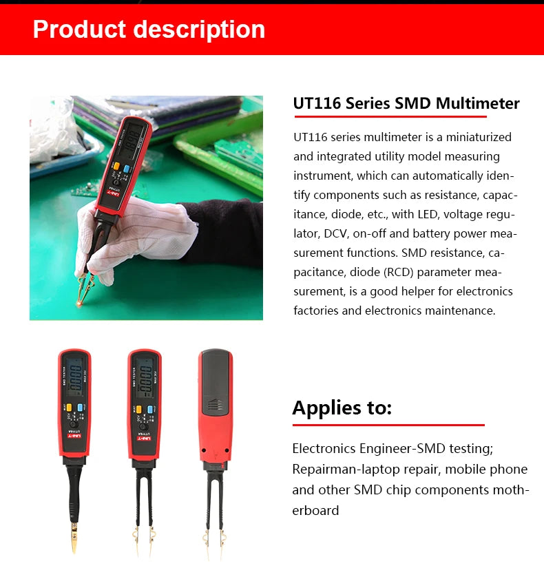 Tester SMD UNI-T UT116C / UT116A - Medidor Rotable Resistencia, LED, Diodo, Batería, Capacitor