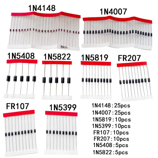 Kit Surtido Diodos THT (Rectificador/Schottky/Switching) - 8 Valores (1N4148, 1N4007, 1N58xx, FRxxx) (Total 100 Piezas)