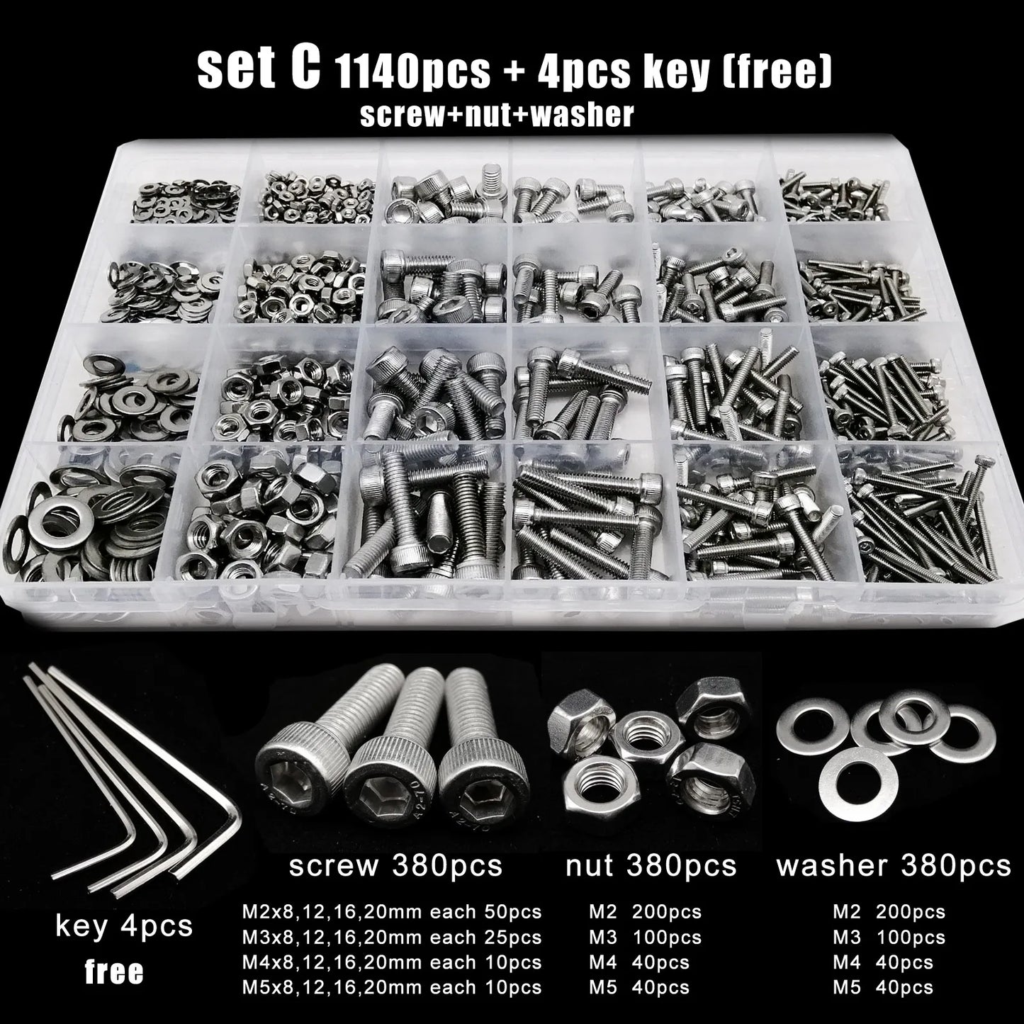 Kit Surtido Tornillos/Pernos/Tuercas Cabeza Hexagonal Acero Inoxidable 304 (M1.6/M2/M2.5/M3/M4/M5) (Total 400/650/1140/2100 Piezas)