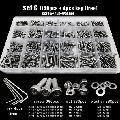 Kit Surtido Tornillos/Pernos/Tuercas Cabeza Hexagonal Acero Inoxidable 304 (M1.6/M2/M2.5/M3/M4/M5) (Total 400/650/1140/2100 Piezas)