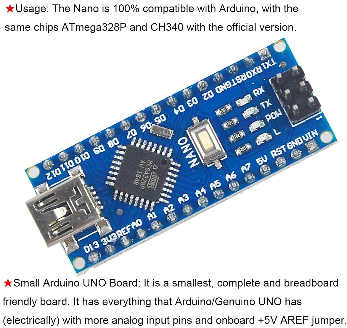 Placa Microcontrolador Mini Nano V3.0 (ATmega328P/168P, 16MHz, CH340) para Arduino