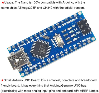 Placa Microcontrolador Mini Nano V3.0 (ATmega328P/168P, 16MHz, CH340) para Arduino