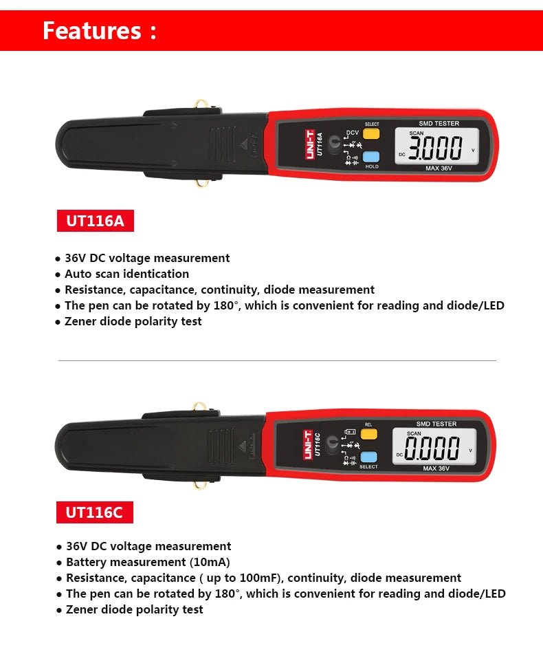 Tester SMD UNI-T UT116C / UT116A - Medidor Rotable Resistencia, LED, Diodo, Batería, Capacitor
