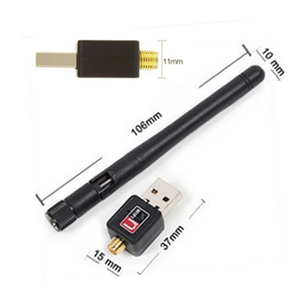 Mini Adaptador USB 2.0 WiFi Inalámbrico 150Mbps (802.11n/g/b) Dongle LAN 2dB con Antena (Chip MT7601/RTL8188)