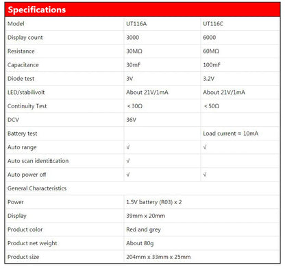 Tester SMD UNI-T UT116C / UT116A - Medidor Rotable Resistencia, LED, Diodo, Batería, Capacitor