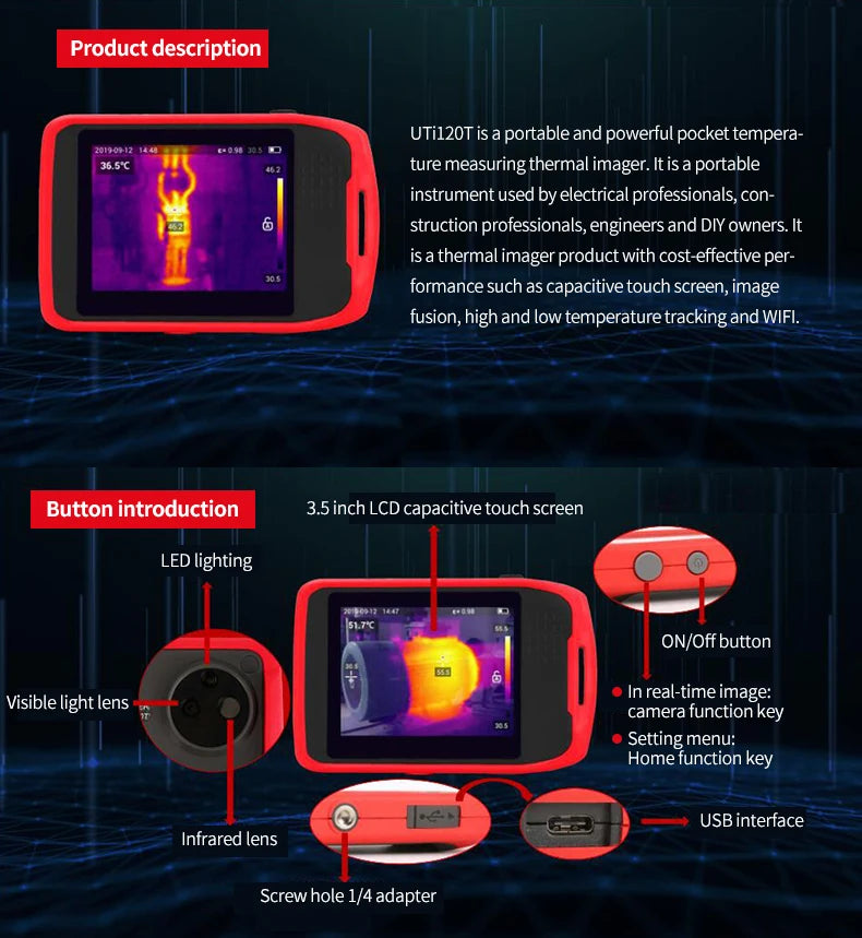 Termógrafo Portátil UNI-T UTi120T (10800 Píxeles) para Reparación - Cámara Infrarroja Imagen Térmica Temperatura