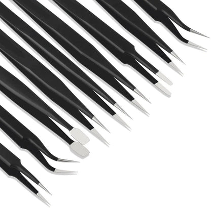Set Pinzas ESD Antiestáticas Acero Inoxidable Binoax (Puntas No Magnéticas) para Electrónica/Soldadura/Artesanía (6/9/10 Piezas)