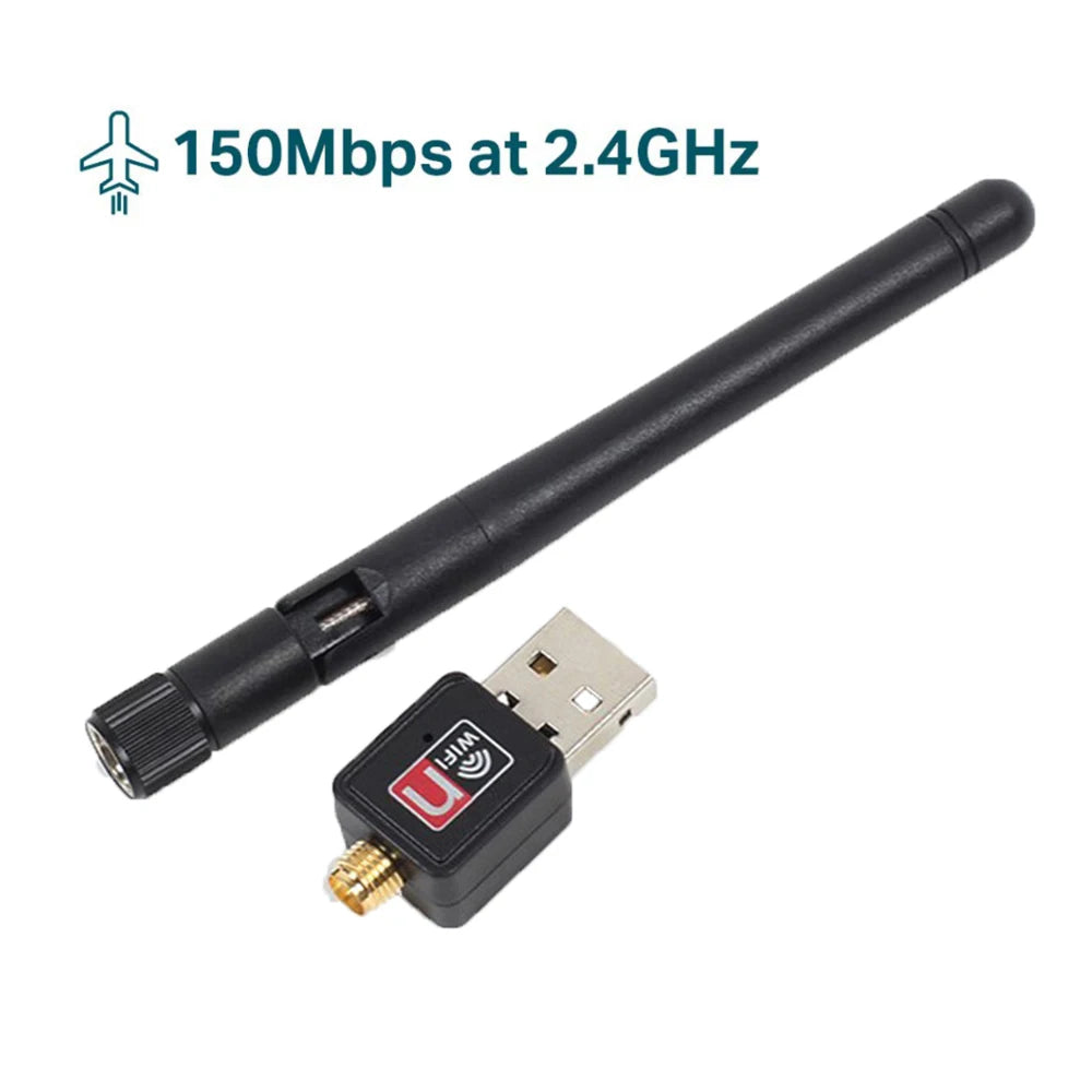 Mini Adaptador USB 2.0 WiFi Inalámbrico 150Mbps (802.11n/g/b) Dongle LAN 2dB con Antena (Chip MT7601/RTL8188)