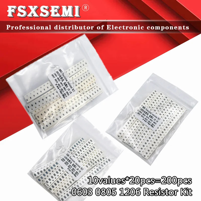 10values X20pcs=200pcs 0603 0805 1206 1% SMD resistors assorted kit set  1R00 R820 R750 R620 R500 R470 R330 R220 R150 R100