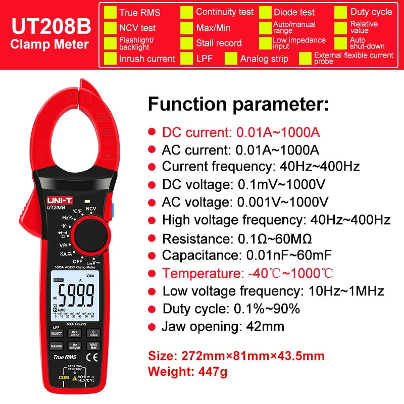 Pinza Amperimétrica Digital UNI-T UT207B/UT208B True RMS AC/DC 1000A 1000V LPF 6000 Cuentas