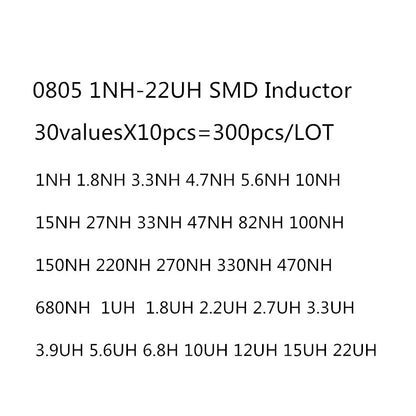 Kit Surtido Inductores SMD 0805 - 30 Valores (1nH a 22uH) x 10 Unidades (Total 300 Piezas)